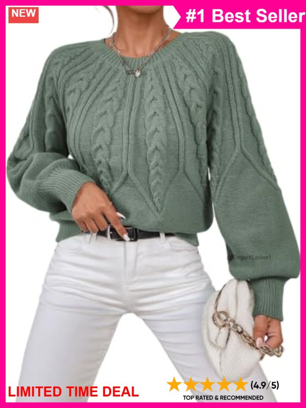 Cable Knit Chunky Crewneck Pullover Sweater Lantern Long Sleeve